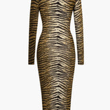 Midi Jurk met Luipaardprint en Lange Mouwen