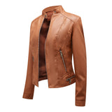 Dames Leren Look Jas met Opstaande Kraag