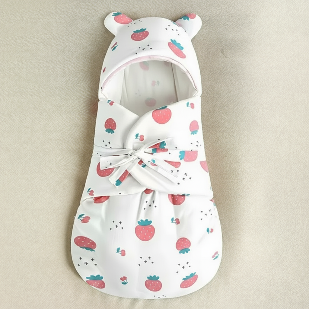 CuddleNest katoenen babywikkeldeken – zachte, ademende stof, ideale pasvorm voor veilig inbakeren en comfortabel slapen.
