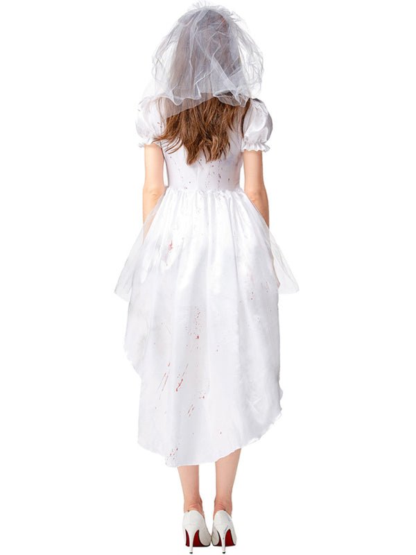 Halloween mini jurk – vampierbruid kostuum voor dames met bloedvlekdetails, comfortabele pasvorm en eng elegant ontwerp, perfect voor Halloween en verkleedfeesten.