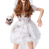 Halloween mini jurk – vampierbruid kostuum voor dames met bloedvlekdetails, comfortabele pasvorm en eng elegant ontwerp, perfect voor Halloween en verkleedfeesten.
