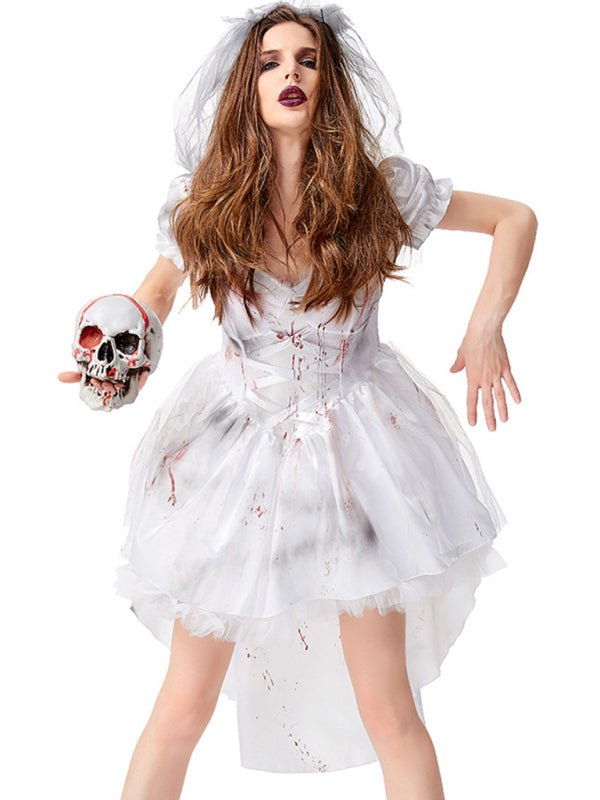 Halloween mini jurk – vampierbruid kostuum voor dames met bloedvlekdetails, comfortabele pasvorm en eng elegant ontwerp, perfect voor Halloween en verkleedfeesten.