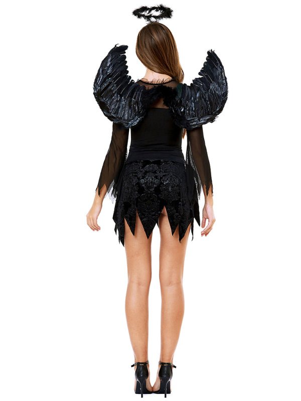 Halloween mini jurk – gevleugelde donkere engel kostuum voor dames, comfortabele pasvorm met mysterieus en elegant ontwerp, perfect voor Halloween en verkleedfeesten.