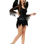 Halloween mini jurk – gevleugelde donkere engel kostuum voor dames, comfortabele pasvorm met mysterieus en elegant ontwerp, perfect voor Halloween en verkleedfeesten.