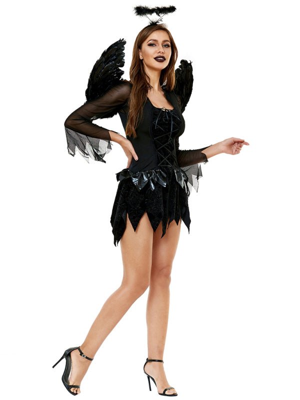 Halloween mini jurk – gevleugelde donkere engel kostuum voor dames, comfortabele pasvorm met mysterieus en elegant ontwerp, perfect voor Halloween en verkleedfeesten.