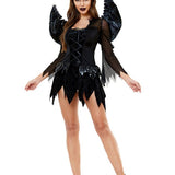 Halloween mini jurk – gevleugelde donkere engel kostuum voor dames, comfortabele pasvorm met mysterieus en elegant ontwerp, perfect voor Halloween en verkleedfeesten.