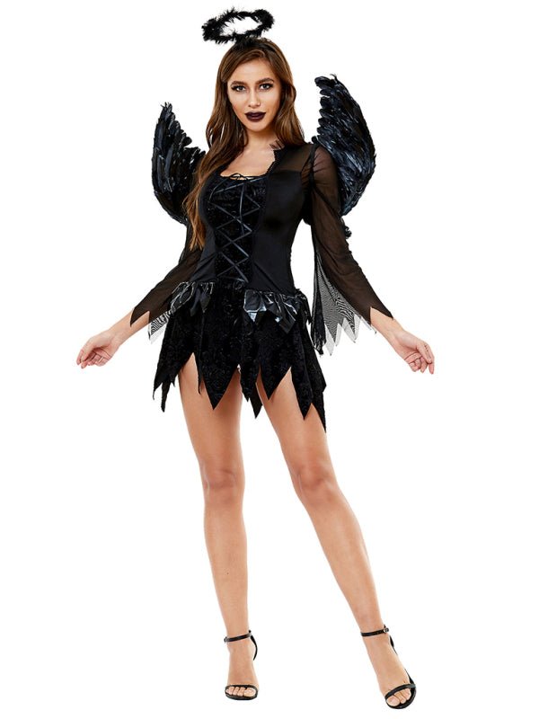 Halloween mini jurk – gevleugelde donkere engel kostuum voor dames, comfortabele pasvorm met mysterieus en elegant ontwerp, perfect voor Halloween en verkleedfeesten.