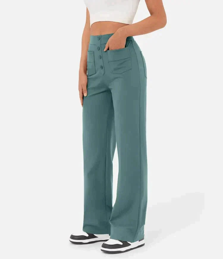 Elastische damesbroek met hoge taille van stretchy, ademende stof voor een comfortabele pasvorm en trendy, flatterend design.