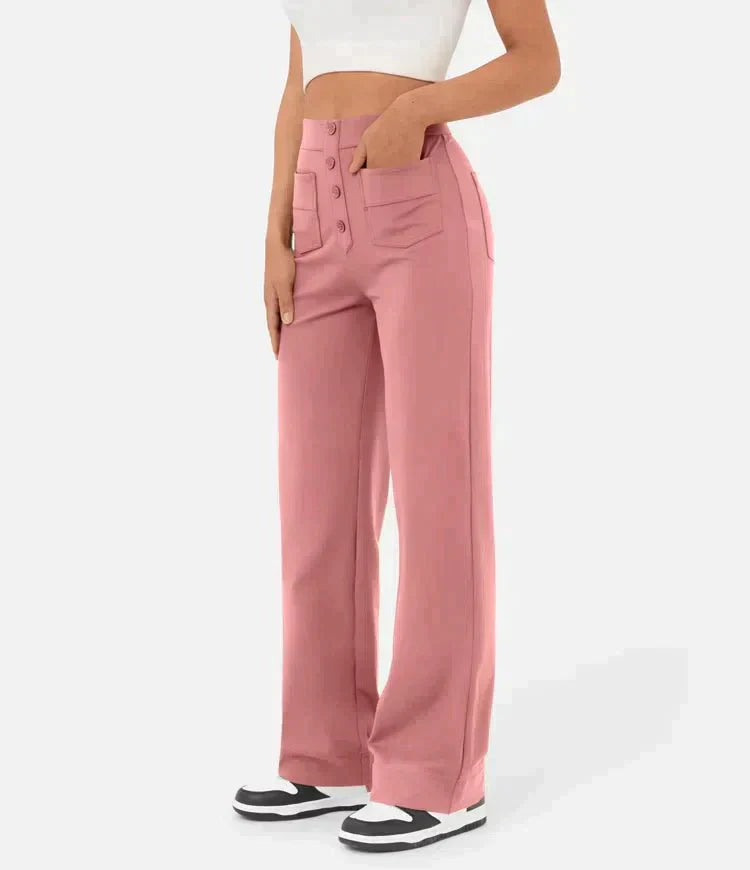 Elastische damesbroek met hoge taille van stretchy, ademende stof voor een comfortabele pasvorm en trendy, flatterend design.