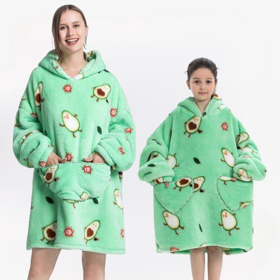 AvoCozy unisex hoodie deken – zachte sherpa en flanel, comfortabele oversized pasvorm voor ultiem warmte- en relaxcomfort.