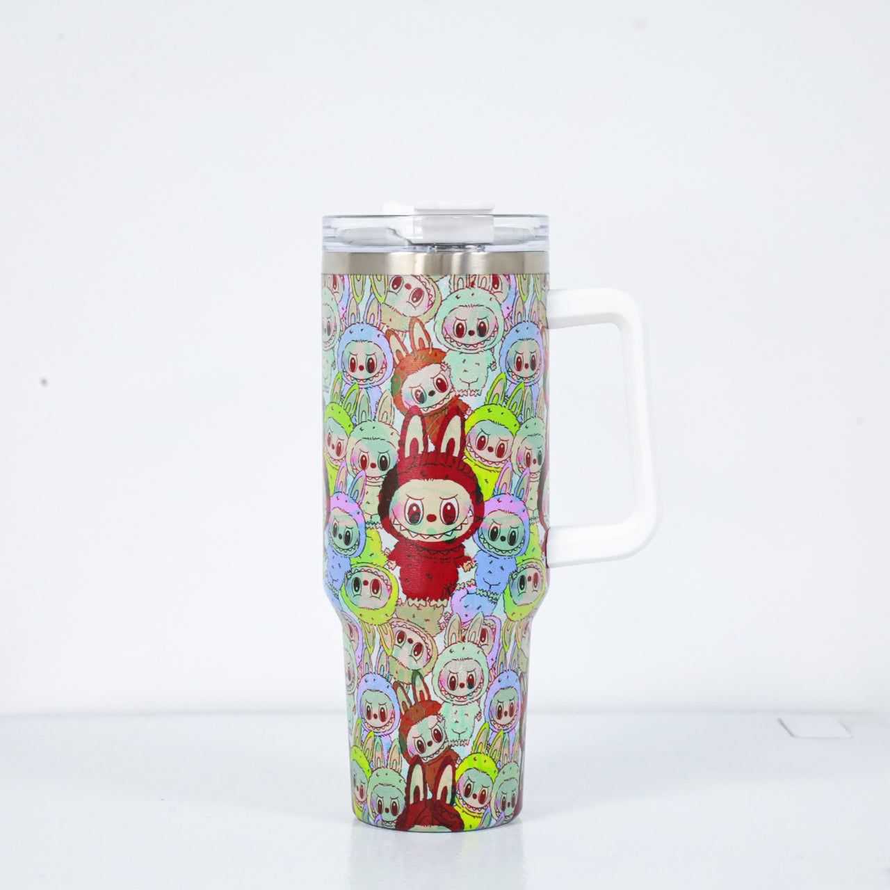 Labubu-stijl glitterbeker – kleurrijke drinkbeker met glitters en schattige Labubu-illustratie, ideaal voor koude dranken en een speelse uitstraling.