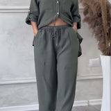 Tweedelige Set met Knoopblouse en Wijde Broek