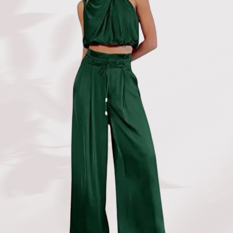 Tweedelige Set met Gedrapeerde Top en Wijde Broek