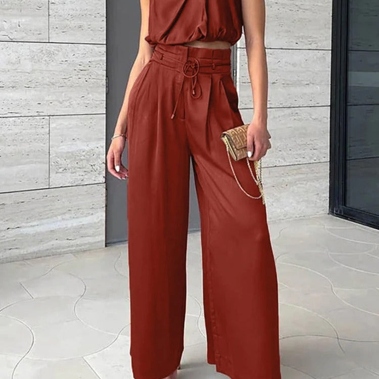 Tweedelige Set met Gedrapeerde Top en Wijde Broek