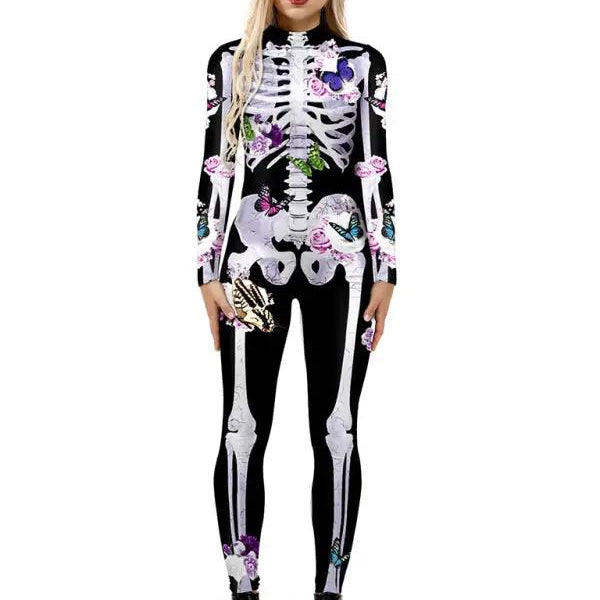 Halloween kostuum – skelet met bloemenprint voor dames, comfortabel en speels ontwerp, perfect voor Halloween, verkleedfeesten en themaparty’s.