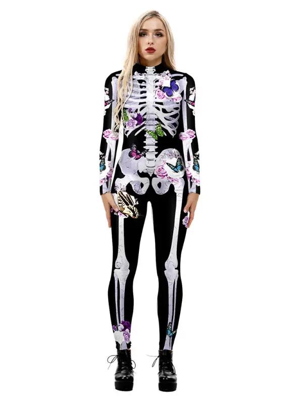 Halloween kostuum – skelet met bloemenprint voor dames, comfortabel en speels ontwerp, perfect voor Halloween, verkleedfeesten en themaparty’s.