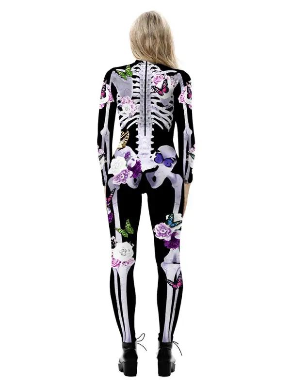 Halloween kostuum – skelet met bloemenprint voor dames, comfortabel en speels ontwerp, perfect voor Halloween, verkleedfeesten en themaparty’s.