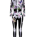 Halloween kostuum – skelet met bloemenprint voor dames, comfortabel en speels ontwerp, perfect voor Halloween, verkleedfeesten en themaparty’s.