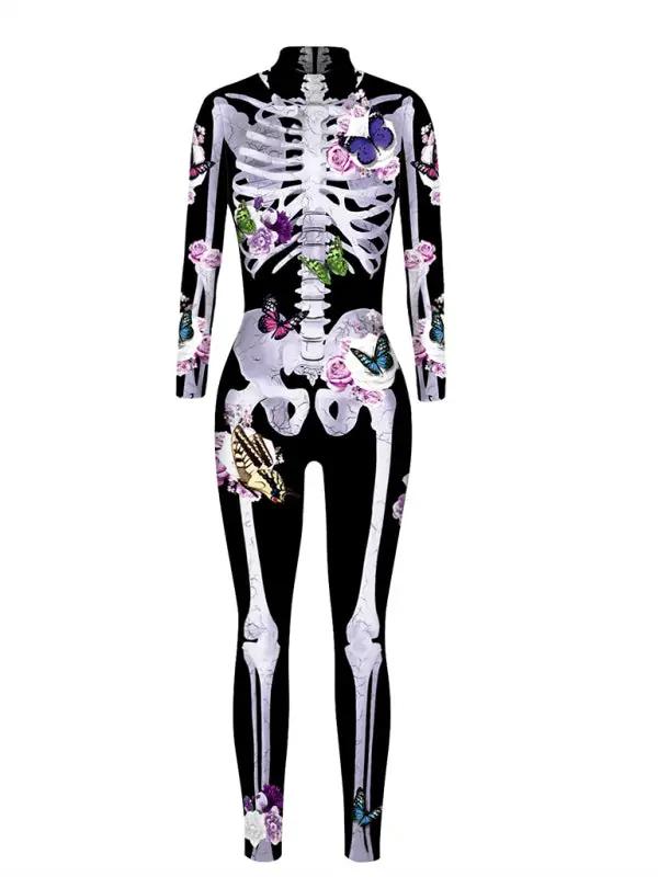 Halloween kostuum – skelet met bloemenprint voor dames, comfortabel en speels ontwerp, perfect voor Halloween, verkleedfeesten en themaparty’s.