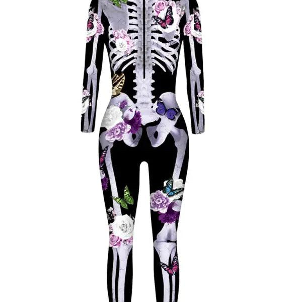 Halloween kostuum – skelet met bloemenprint voor dames, comfortabel en speels ontwerp, perfect voor Halloween, verkleedfeesten en themaparty’s.