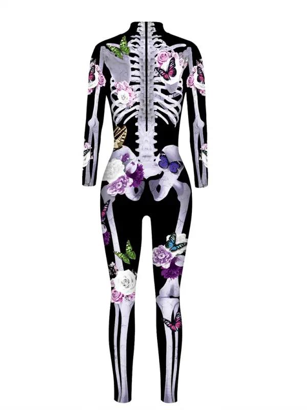 Halloween kostuum – skelet met bloemenprint voor dames, comfortabel en speels ontwerp, perfect voor Halloween, verkleedfeesten en themaparty’s.