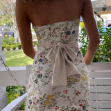 Strapless Mini Jurk met Bloemenprint en Strikdetail