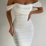 Off-Shoulder Midi Jurk met Structuurpatroon
