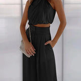 Tweedelige Set met Gedrapeerde Top en Wijde Broek