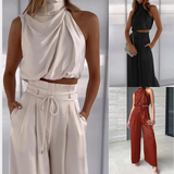 Tweedelige Set met Gedrapeerde Top en Wijde Broek