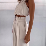Tweedelige Set met Gedrapeerde Top en Wijde Broek