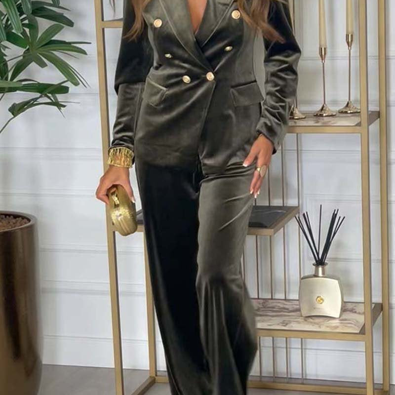 Velours Tweedelige Set met Dubbelrij Blazer