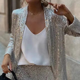 Pailletten Tweedelige Set met Blazer en Wijde Broek