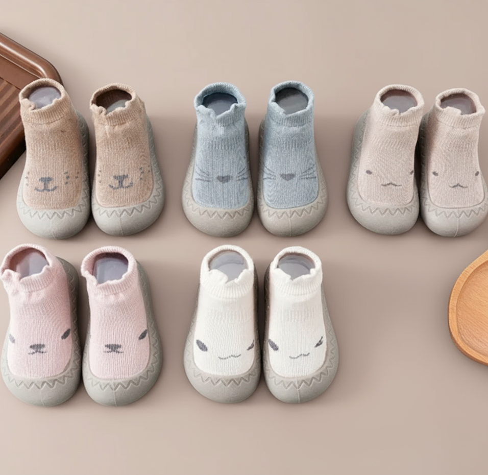 Cozy Step baby barefoot sokschoentjes – zachte, rekbare stof met antislipzool voor comfort, veiligheid en natuurlijke voetontwikkeling.