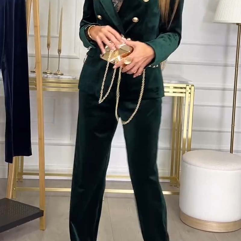 Velours Tweedelige Set met Dubbelrij Blazer