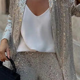 Pailletten Tweedelige Set met Blazer en Wijde Broek