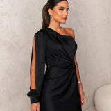 Elegante One Shoulder Maxi Jurk met Drapering en Split
