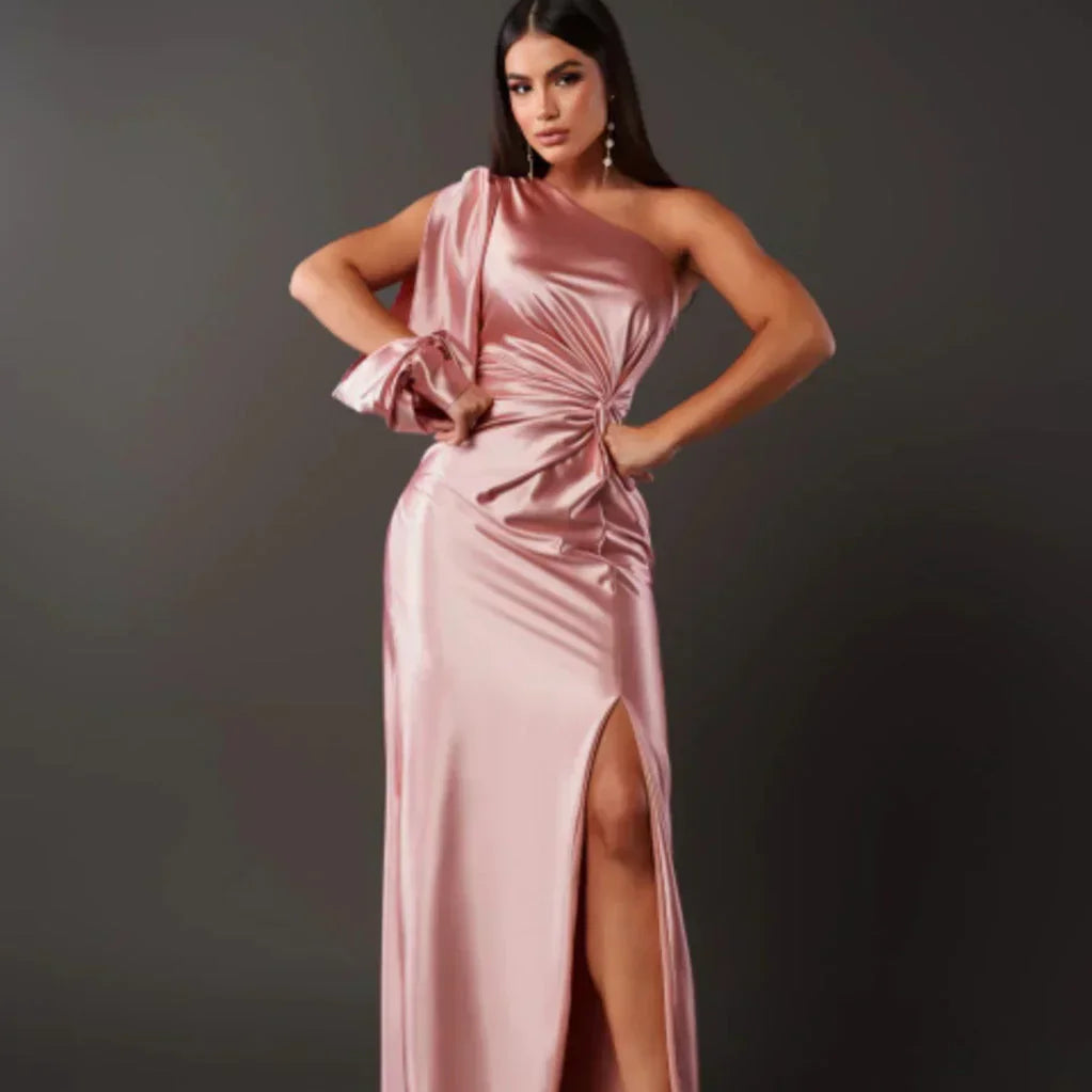 Elegante One Shoulder Maxi Jurk met Drapering en Split