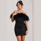 Glitter Off Shoulder Mini Jurk met Veren Details en Strakke Pasvorm