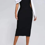 Off-Shoulder Midi Jurk met Contrasterende Halslijn