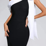 Off-Shoulder Midi Jurk met Contrasterende Halslijn