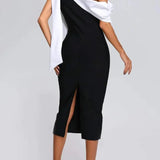 Off-Shoulder Midi Jurk met Contrasterende Halslijn