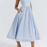 Romantische Strapless Midi Jurk met Zwierige Rok