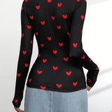 Hartjes Print Top met Lange Mouwen en Slim Fit