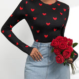 Hartjes Print Top met Lange Mouwen en Slim Fit