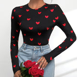 Hartjes Print Top met Lange Mouwen en Slim Fit