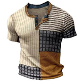 Heren Patchwork T-Shirt met Knoopsluiting en Korte Mouwen