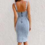 Denim Midi Jurk met Slim Fit en Verstelbare Bandjes