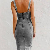 Denim Midi Jurk met Slim Fit en Verstelbare Bandjes