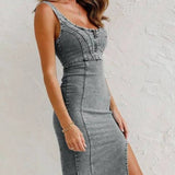 Denim Midi Jurk met Slim Fit en Verstelbare Bandjes