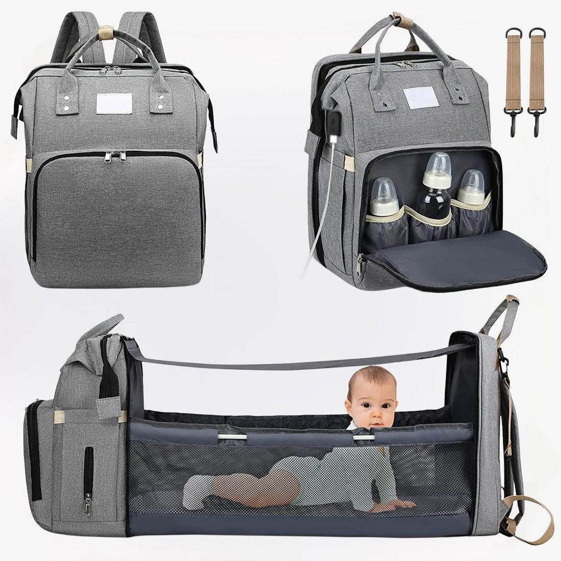 MamaBag alles-in-één luiertas met babybedje en USB-poort – ruim, multifunctioneel ontwerp en comfortabele draagstijl voor moeders onderweg.